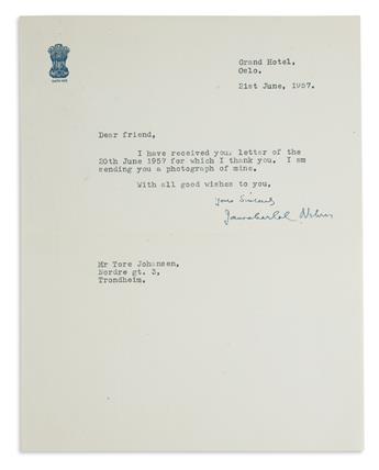 JAWAHARLAL NEHRU. Two items, each Signed, as Prim Minister: Photograph dated * Brief Typed Letter. The photograp...